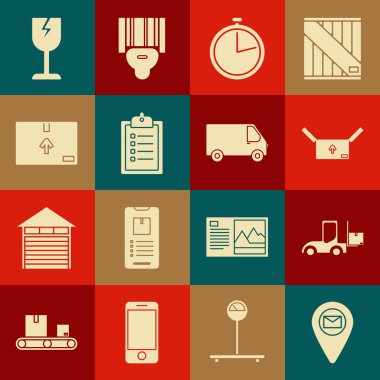 Yer Tutucu 'yu harita kağıt forklift kutusuna trafik sembolü Stopwatch' ın dağıtım listesi doğrulaması kırılan cam ve teslimat kargo aracı simgesiyle yerleştir. Vektör.