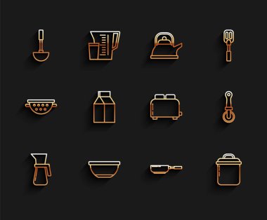 Bardak kasesi kasesi kasesi kepçesi kızartma tavası sütlü pizza bıçağı ve tost makinesi için kağıt paketi ve tost ikonu. Vektör.