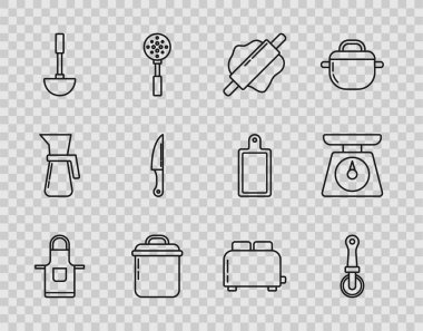 Mutfak önlüğü, pizza bıçağı, yuvarlanan raptiye kepçeli ekmek kızartma makinası, kızarmış ekmek ve pullu simge. Vektör.