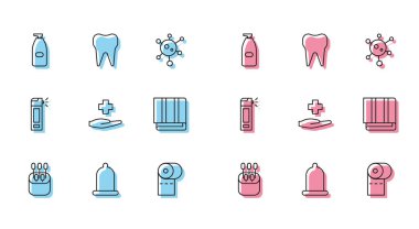 Kulaklar için pamuk çubuğu hazırla. Prezervatif şişesi. Antibakteriyel sabun. Tuvalet kağıdı. Vektör.