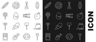 Şekerli çikolata yumurtası ve şeker paket ikonu içinde şekerlerle birlikte Lollipop Glass kavanozunu ayarla. Vektör.