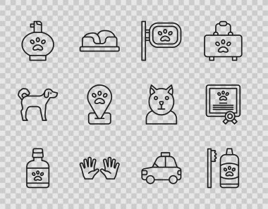 Hayvan bakımı için köpek ilacı şişesi hijyeni tıbbi eldivenler şampuan araba taksisi ve sertifika köpek ikonu. Vektör.