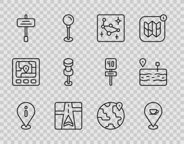 Hat konumunu bilgi kahve fincanı Büyük Ayı takımyıldızı GPS haritası trafik levhası Dünya 'yı ve Kırık Yol simgesini itin. Vektör.