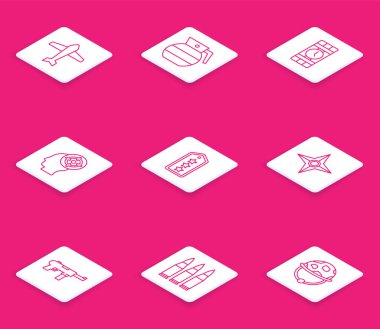 Jet savaş uçağı el bombası zamanlayıcı saati hedef askeri sınıf Japon ninja shuriken hafif makineli tüfek M3 ve kurşun ikonu. Vektör.