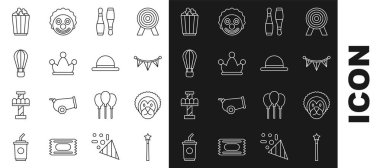 Sırayı bozma Sihirli Aslan Karnavalı çelengi, bayraklı bovling rozetli Jester şapka zilleri sıcak hava balonu patlamış mısır kutusu ve palyaço ikonu. Vektör.