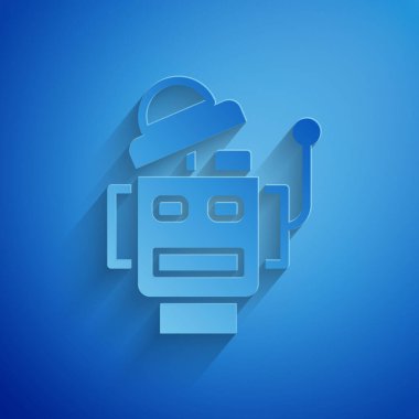 Kağıt kesiği robot simgesi mavi arkaplanda izole edilmiş. Yapay zeka, makine öğrenme, bulut hesaplama. Kağıt sanatı tarzı. Vektör.