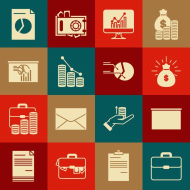 Çanta, tebeşir tahtası, para çantası, grafik grafikli bilgisayar monitörü, para ve para, tahta, belge ve simge. Vektör