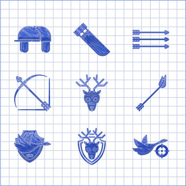 Geyik kafasını boynuzlu, kalkanlı, ördek avlayan, ok atan, uçan, ok atan, ok atan, hippi okları ve şapka ikonu. Vektör