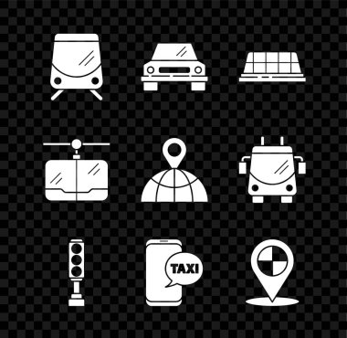 Tramvay ve demiryolu, araba, taksi, trafik ışığı, telefon servisi, taksi, kablo ve konumlu harita işaretleyicisi dünya ikonu. Vektör