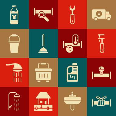 Endüstri metalik boruyu ayarla, ve manometre, boru ayarlanabilir anahtarı, İngiliz anahtarı, lastik pompa, kova, temizlik maddesi ve simgesi için şişe. Vektör