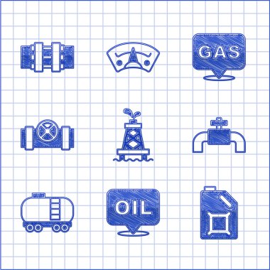 Petrol platformu, Word yağı, motor, metal borular ve valf, demiryolu deposu, konum benzinliği ve ikon için kapsül. Vektör