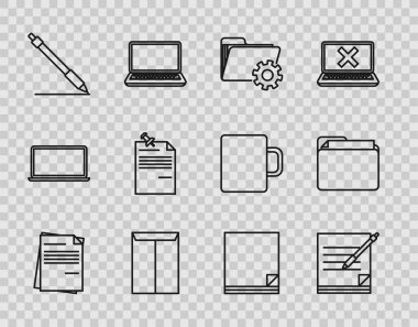 Satır Dosya belgesi, Boş defter ve kalem, Dizin ayarları, Dizin ayarları, Zarf, Kalem satırı, Not kağıdı iğnelenmiş düğme ve Belge dizin simgesi. Vektör