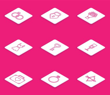 Hattı belirle alyans, kalp şeklinde Castle, çiçek buketi, kadın elbisesi, anahtar, şampanya, seyahat için bavul ve elmas nişan ikonu. Vektör