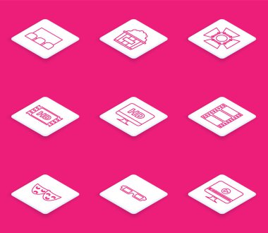 Set çizgisi, film ışıkları, 4k film, bant, çerçeve, bilgisayar bilgisayar video teknolojisi, Play Video, Komedi ve trajedi teatral maskeler ve 3D sinema gözlüğü ikonu. Vektör