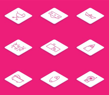 Bebek arabası, emici bebek bezi katlanmış kağıt bot, bayraklı karnaval çelengi, yapboz parçası, şişe, küvet ve klasik çelik iğne simgesi. Vektör