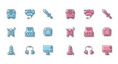 Roket gemisi, kulaklıklar, antik hazine sandığı, bilgisayar monitörü, yelek, işlemci, boynuzlu kasklı Viking ve sanal gerçeklik gözlüğü ikonu. Vektör