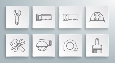 Çekiç ve İngiliz anahtarı, elektrikli testere, elektrik dairesi, rulet, boya fırçası, güvenlik kaskı ve ayarlanabilir ikon. Vektör