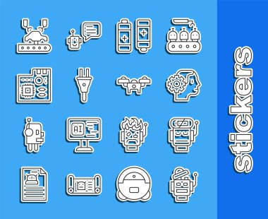 Robot hattı, düşük pil şarjı, İnsansı robot, Batarya, Elektrik prizi, Ana kart dijital çip, fabrikada robot kolu ve İHA ikonu. Vektör