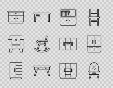 Gardırop, soyunma masası, kütüphane kitaplığı, ofis masası, mobilya sehpası, Kol Sandalyesi ve ikon. Vektör