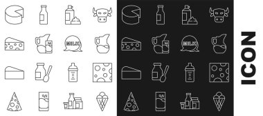 Dondurmayı waffle külahında, peynirde, sürahide ya da sürahide, çırpılmış şişede ve bardakta ve harf sütü ikonunda ayarla. Vektör