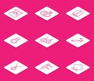 Kutuda elmas nişan yüzüğü, evlilik yüzüğü dolar, küpe, mücevher lupe, kolye, Calliper veya kalibre ve ölçek ikonu. Vektör