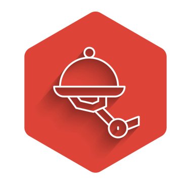 Beyaz çizgili, uzun gölgeli, plaka ikonlu garson robot. Yapay zeka, makine öğrenme, bulut hesaplama. Kırmızı altıgen düğmesi. Vektör.