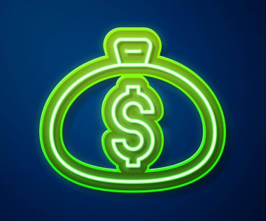 Parlayan neon hattı Para Çantası simgesi mavi arkaplanda izole edildi. Dolar ya da USD sembolü. Nakit bankacılık tabelası. Vektör.