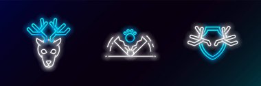 Geyik boynuzlarını kalkanlara, kafa kafaya ve avlanma ikonuna ayarlayın. Parlayan neon. Vektör