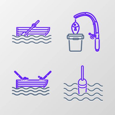 Misinayı suda yüzdürün, oltayla kayığı yüzdürün ve kürek ikonu kullanın. Vektör