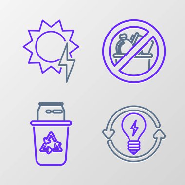 Hat geri dönüşümünü ve ampulü yıldırım sembolüyle, çöp kutusunu geri dönüşüm kutusuyla, çöp ve güneş enerjisi simgesi olmadan ayarla. Vektör