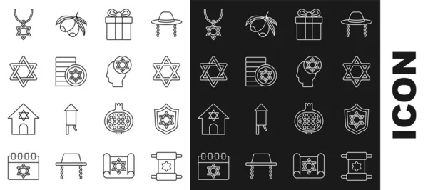 セットライントーラースクロール デビッドの星とシールド ギフトボックス ユダヤのコイン チェーン上のネックレスや正統派ユダヤの帽子のアイコン ベクトル — ストックベクタ
