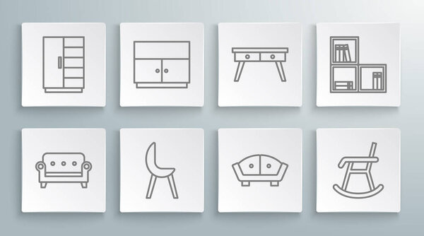 Set line Sofa, Wardrobe, Armchair, Office desk, Shelf with books and  icon. Vector