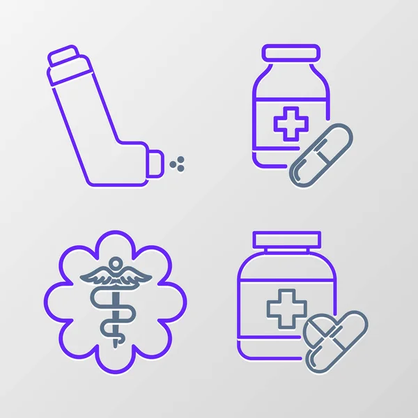 设置线形药瓶和药丸 紧急星形医学符号卡杜斯蛇与棍棒 和吸入器图标 — 图库矢量图片