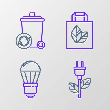 Elektrik tasarruf prizini yaprağa, LED ampulüne, geri dönüşüm kutulu kağıt alışveriş çantasına ve geri dönüşüm kutusu simgesine ayarla. Vektör