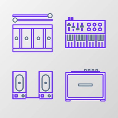 Gitar amplifikatörü, Stereo hoparlörü, müzik sentezleyicisi ve davul çubuğu ikonlu davul ayarlayın. Vektör