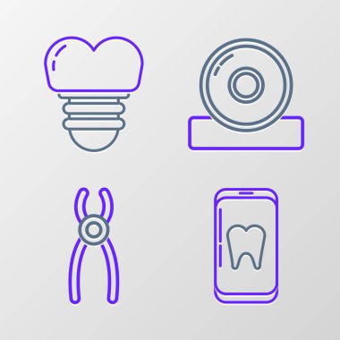 Çevrimiçi diş bakımı, diş pensesi, Otolaryngological baş yansıtıcı ve implant ikonu ayarlayın. Vektör