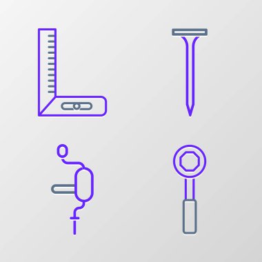 Çizgi anahtarı, el matkabı, metal çivi ve köşe cetvel simgesi. Vektör