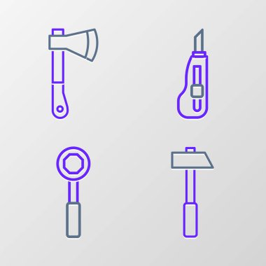 Çizgi Hammer, İngiliz anahtarı, kırtasiye bıçağı ve tahta balta ikonu. Vektör