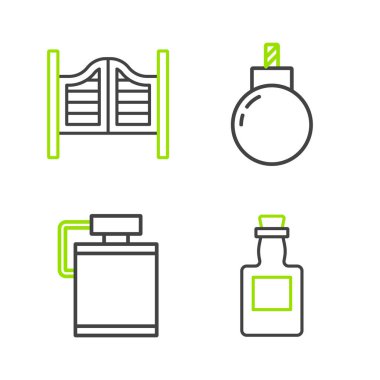 Tekila şişesi, kantin suyu, patlamaya hazır bomba ve salon ikonu. Vektör