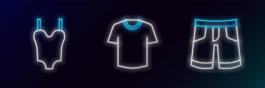 Çizgi kısa veya pantolon, mayo ve tişört ikonu. Parlayan neon. Vektör
