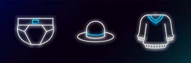 Çizgili süveter, erkek iç çamaşırı ve erkek şapkası ikonu. Parlayan neon. Vektör