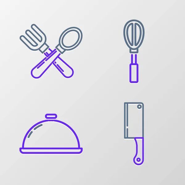 セットラインミートチョッパー 食品のトレイで覆われて キッチン泡立て器とクロスフォークとスプーンのアイコン ベクトル — ストックベクタ