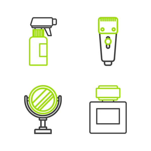 stock vector Set line Aftershave Round makeup mirror Electrical hair clipper shaver and Hairdresser pistol spray bottle icon. Vector.