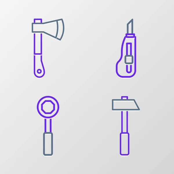 Set Hammer Schlüsselschlüssel Schreibwarenmesser Und Holzbeil Ikone Vektor — Stockvektor