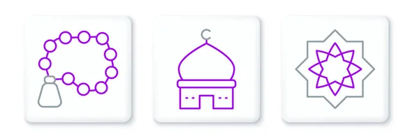 Nastavit Čáru Osmihranná Hvězda Růženec Korálky Náboženství Muslimská Mešita Ikona — Stockový vektor