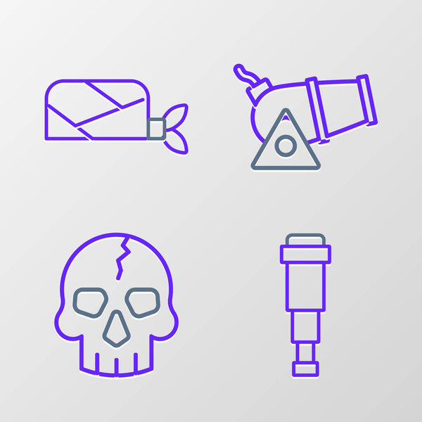 Set line Spyglass telescope lens, Skull, Cannon and Pirate bandana for head icon. Vector
