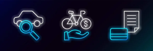 Ställ Rad Kreditkort Bildelning Och Cykeluthyrning Mobilapp Ikon Glödande Neon — Stock vektor