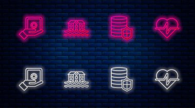 Hat ev baskını, kalkanlı para, elinde kasa ve hayat sigortası. Tuğla duvarda parlayan neon simgesi. Vektör