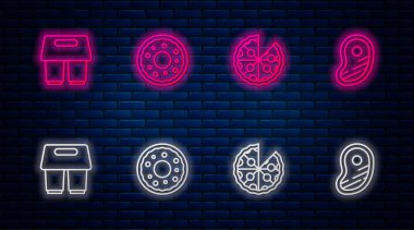 Donut, Pizza, kahve fincanı ve biftek siparişi. Tuğla duvarda parlayan neon simgesi. Vektör