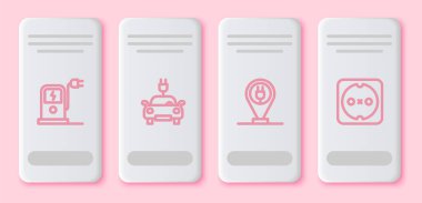 Elektrikli araba şarj istasyonu, park yeri elektriği ve elektrik prizi ayarlayın. Beyaz dikdörtgen düğme. Vektör